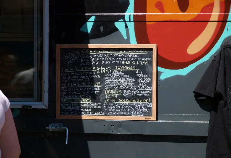 Pub chalkboard menu outside a casual burger bar