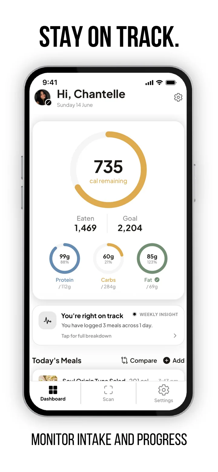 MenuWise dashboard showing daily calories and macro progress