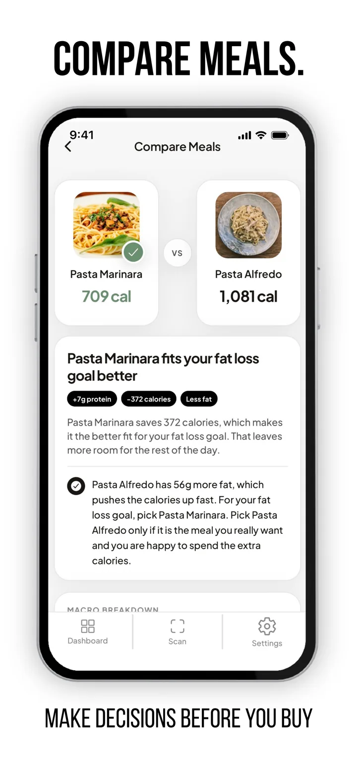 MenuWise compare meals screen showing two meal choices side by side