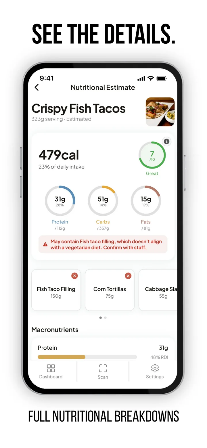 MenuWise nutritional estimate screen with calories, macros, and ingredient details