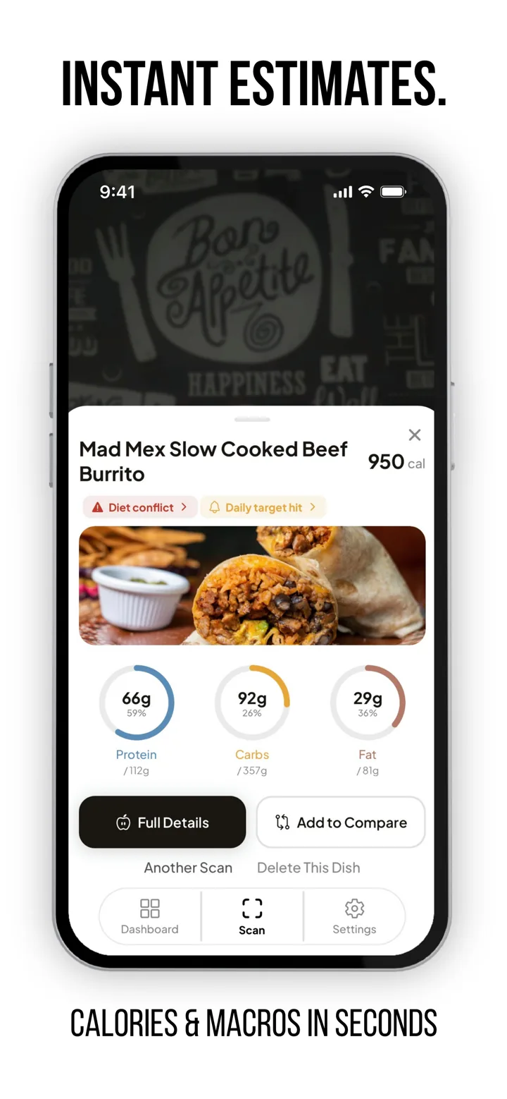 MenuWise instant estimate screen with calories and macros