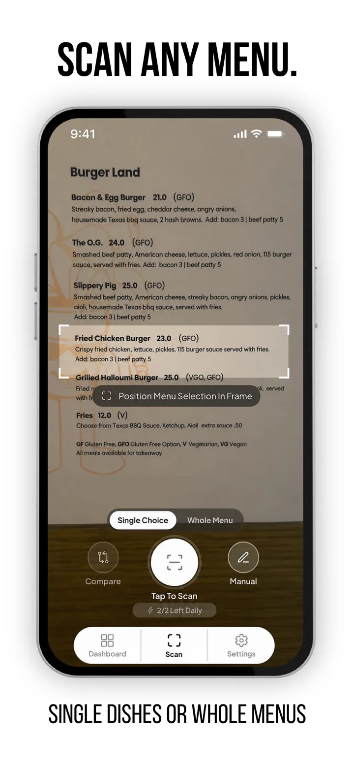 MenuWise scan screen framing a printed restaurant menu