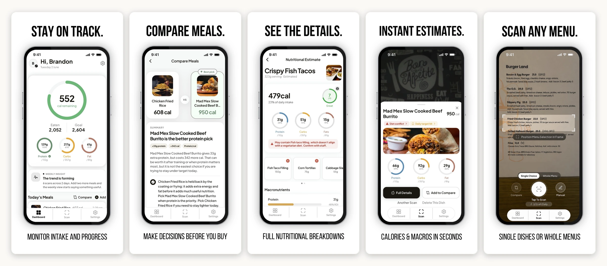 MenuWise app screens showing tracking, meal comparison, nutrition details, instant estimates, and menu scanning