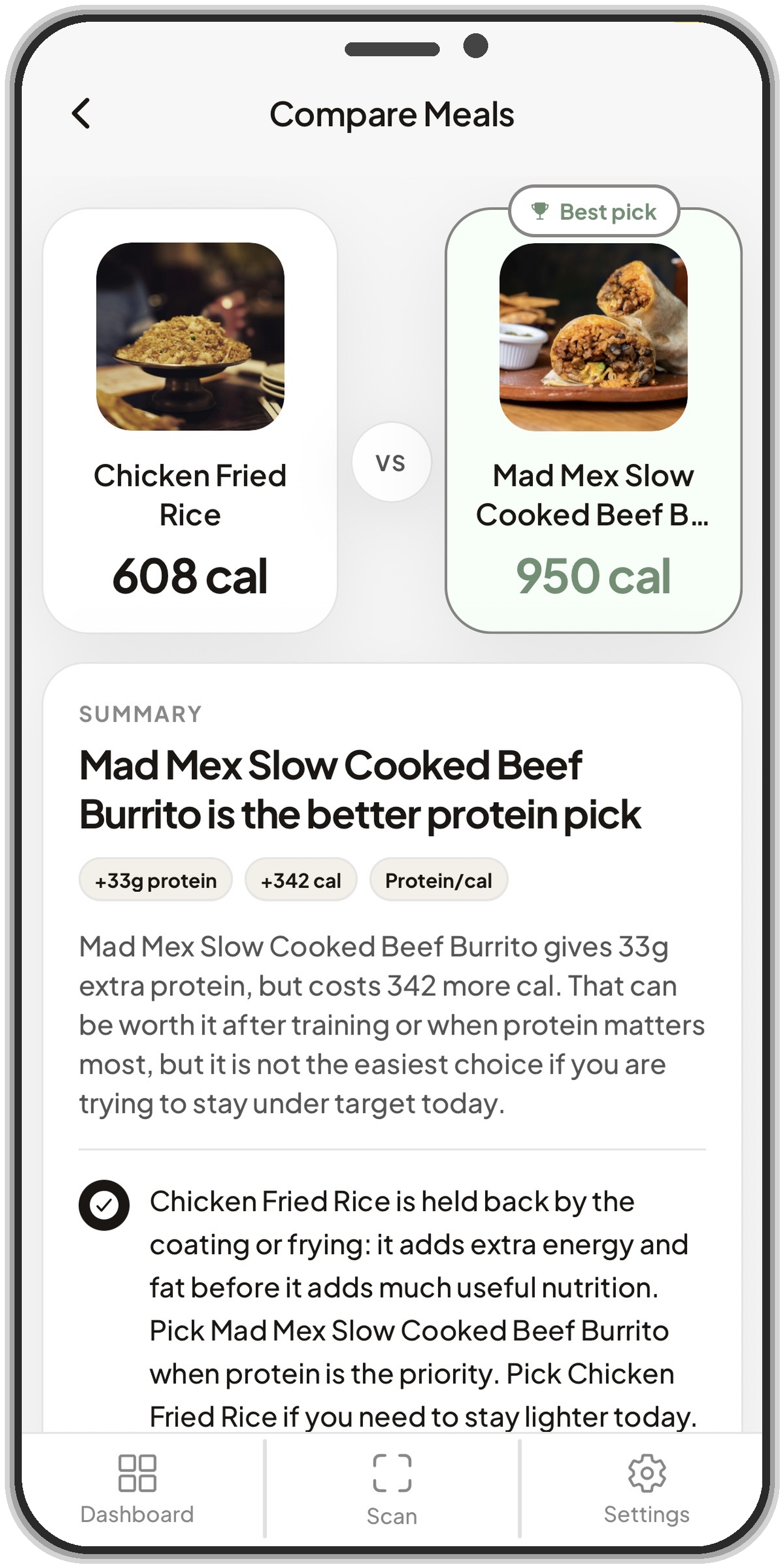 MenuWise compare meals screen showing two dishes side by side with a best pick summary inside an iPhone mockup