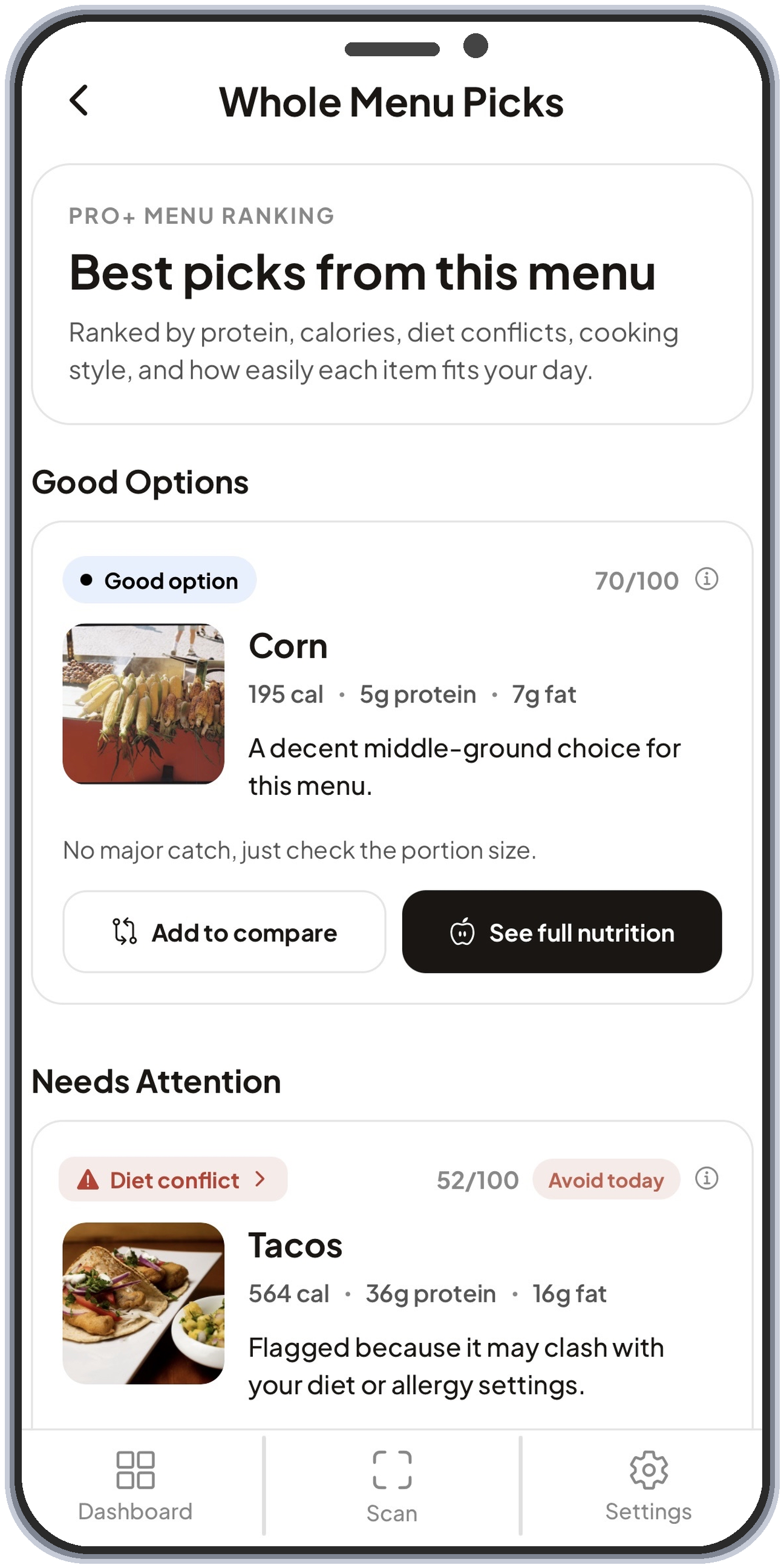 MenuWise Whole Menu Picks screen showing ranked good options and needs-attention items inside an iPhone mockup