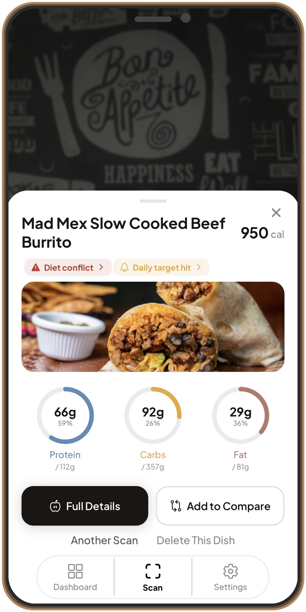 MenuWise meal detail screen for a slow cooked beef burrito showing calories, macros, and compare actions inside an iPhone mockup