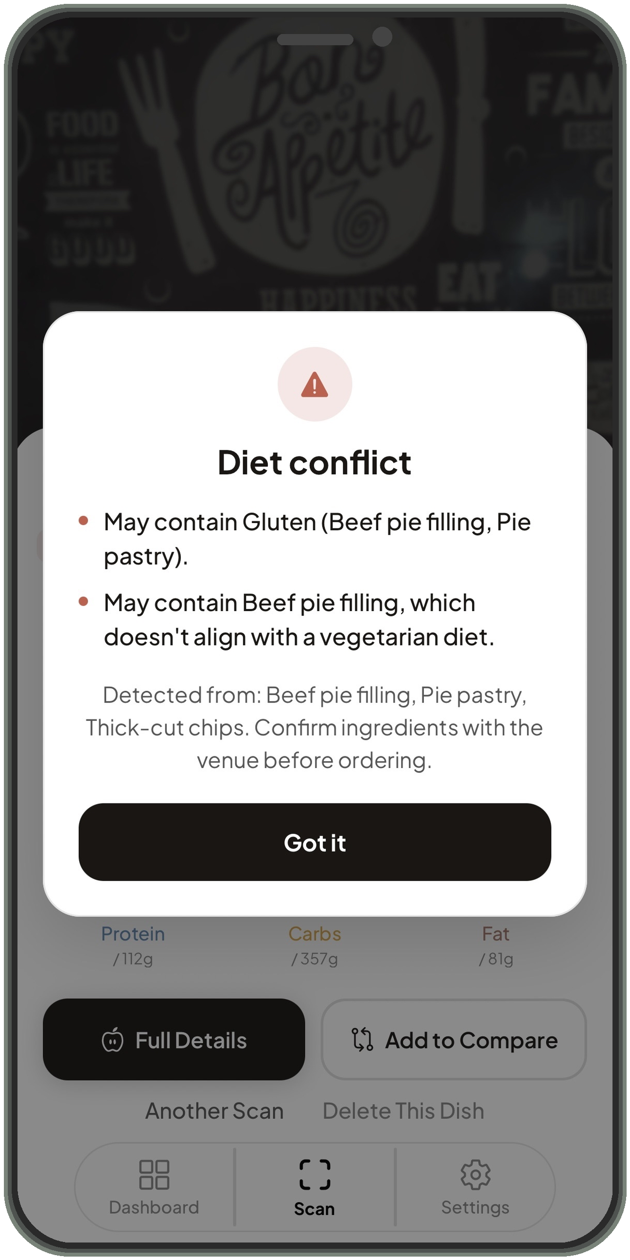 MenuWise diet conflict modal explaining ingredient clashes and ordering cautions inside an iPhone mockup